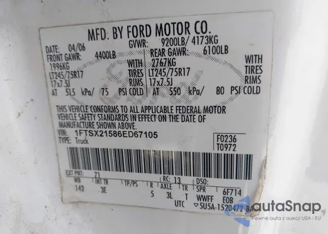 2006 Ford F-250 Lariat/Xl/Xlt z USA, uszkodzony, nr VIN 1FTSX21586ED67105